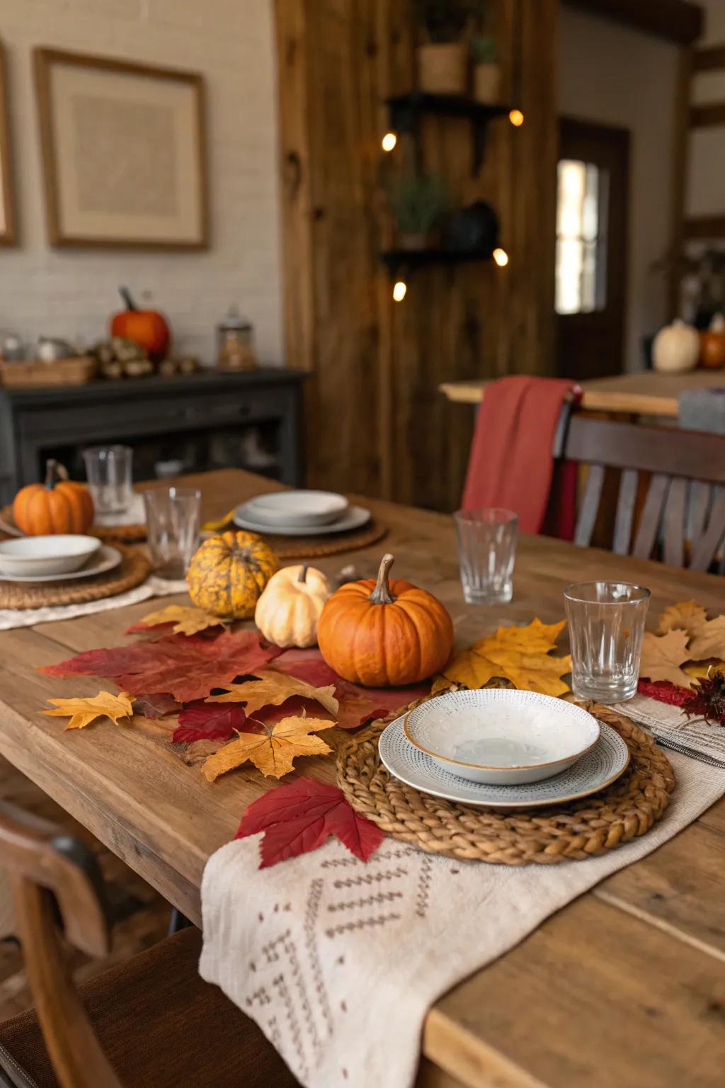 A country-style table arrangement ideal for a harvest-themed meal.