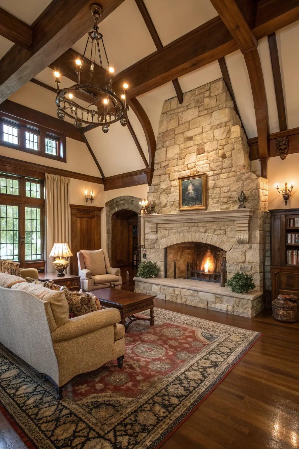 A classically designed living area spotlighting a majestic stone fireplace as its main feature.