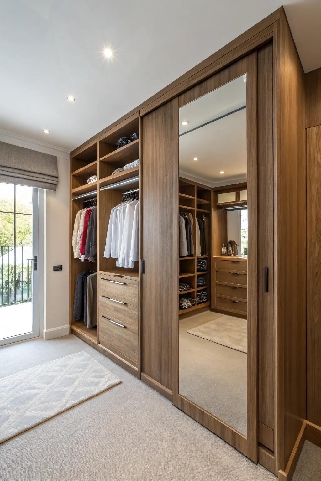 A cleverly designed hidden mirror door conceals a closet, enhancing both its practicality and flair.