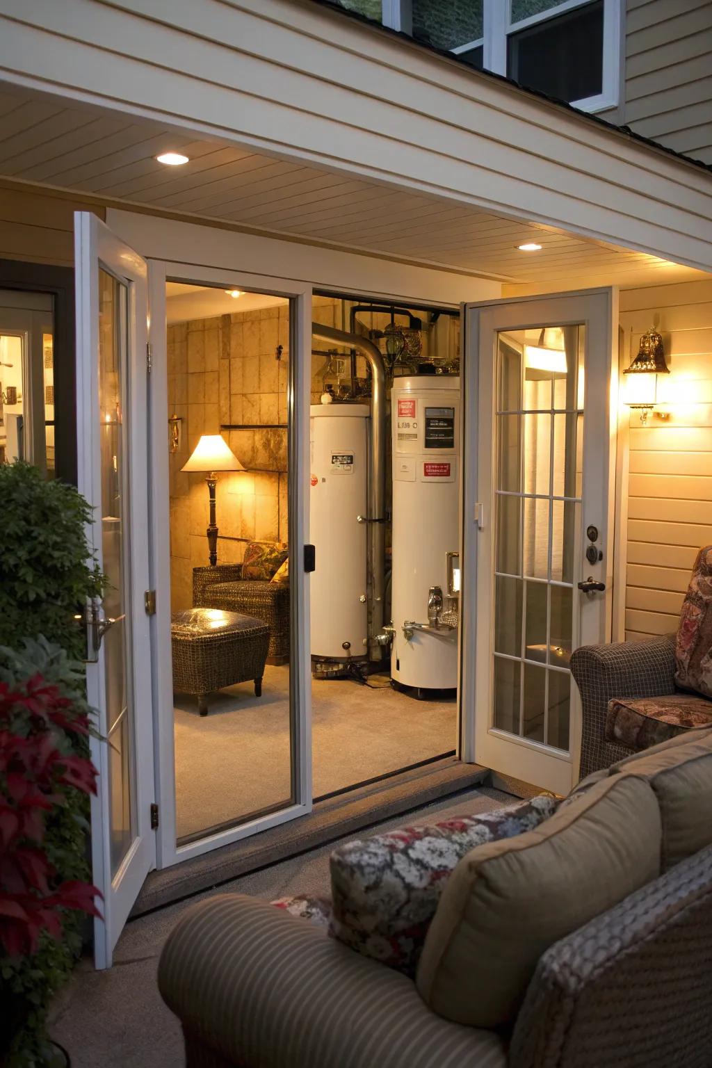 Bi-fold doors keeping a climate control system and water heater out of sight.
