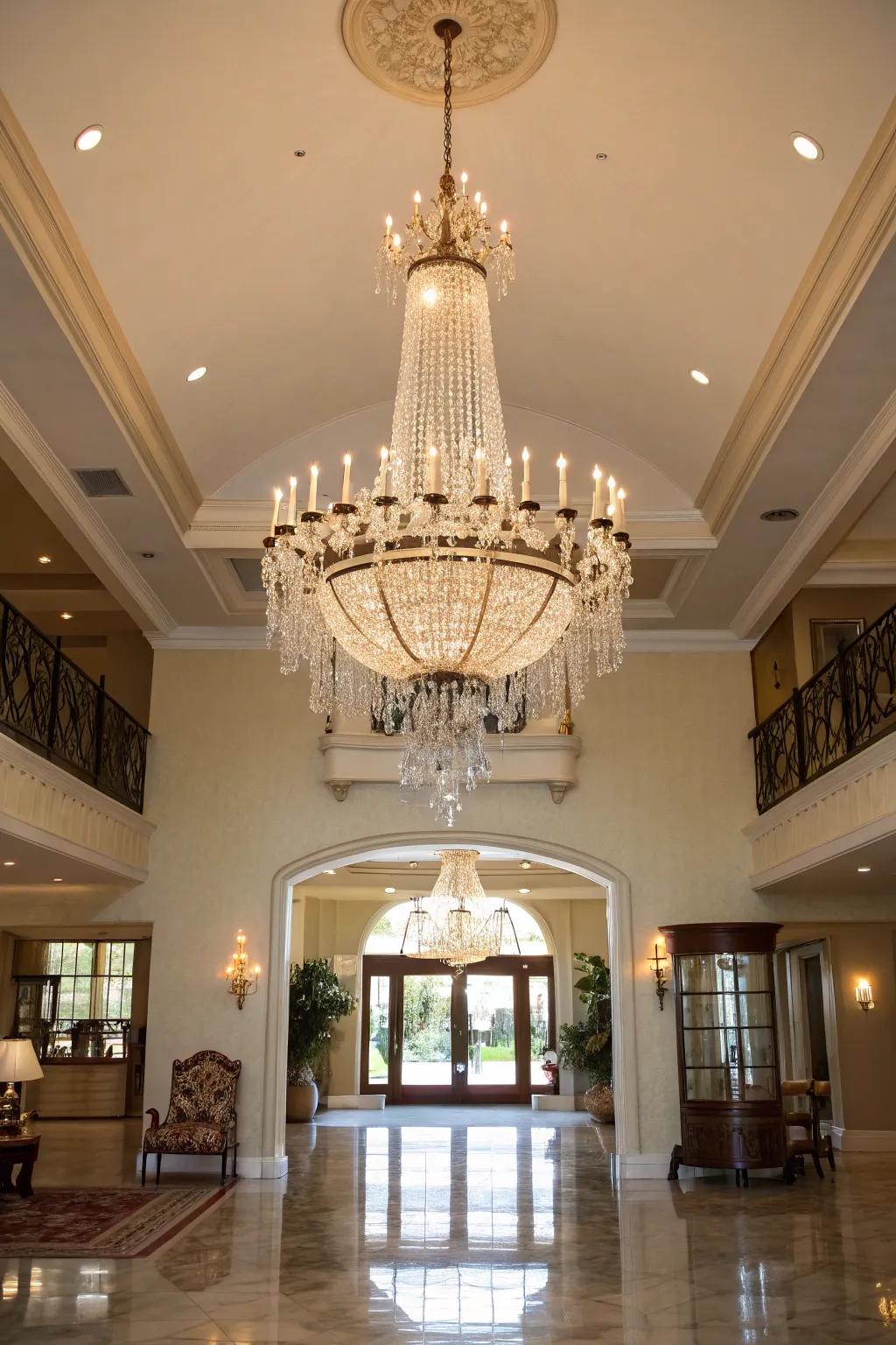 A cascading chandelier lends an air of refinement and drama to the entryway.