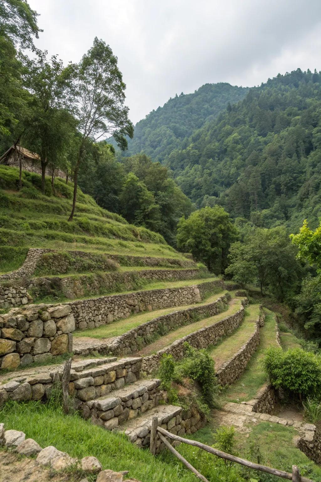 Earthy elements like rocks and logs can fashion amazing terraces on a hillside.