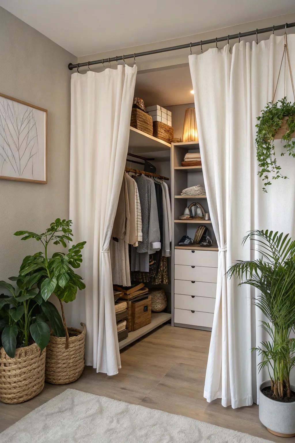 A flowing curtain serves as an elegant division in a joint closet.