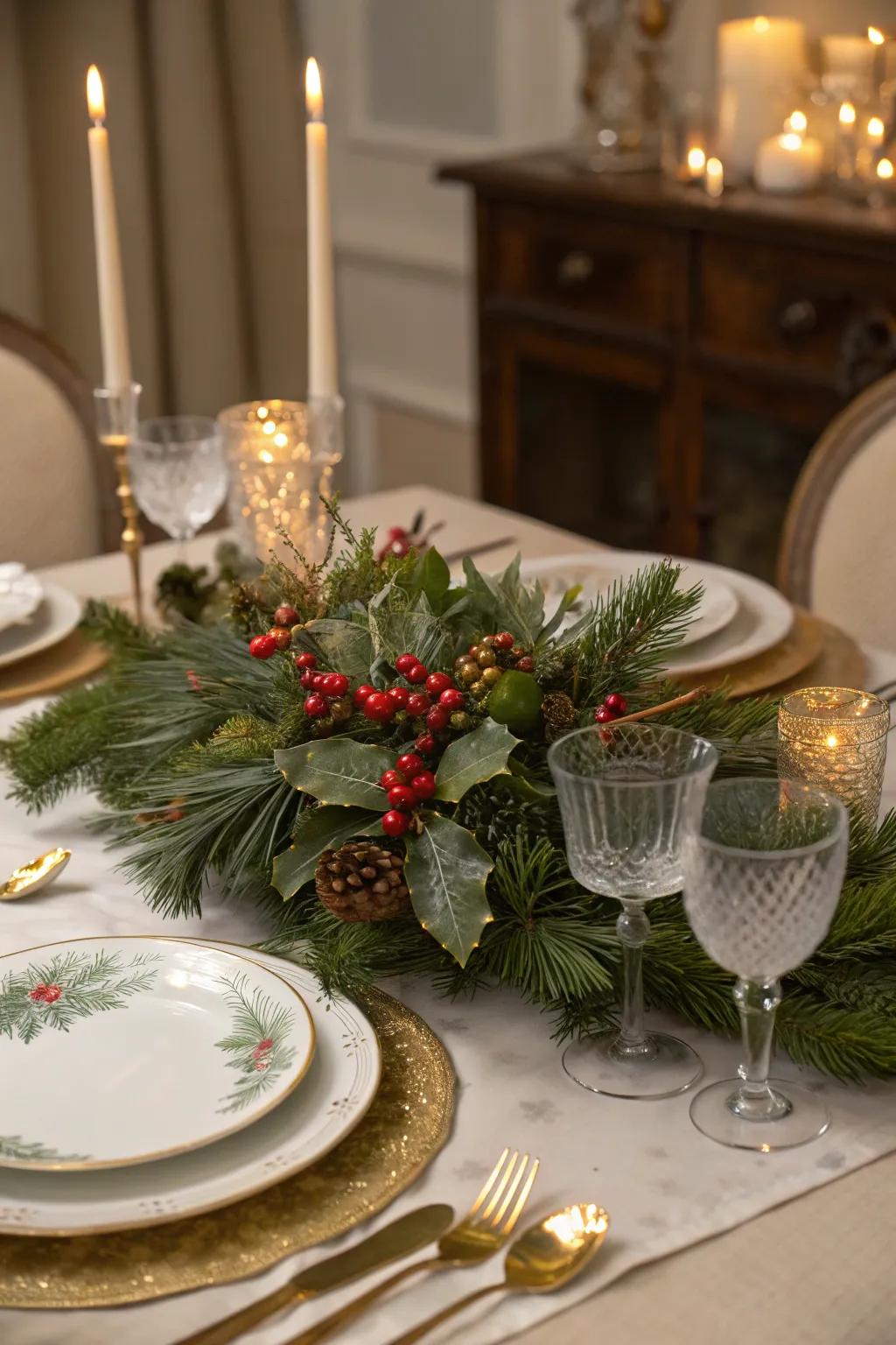 Infuse your setting with the essence of the outdoors by incorporating sprigs of pine and berried holly, enhancing the holiday's charm.