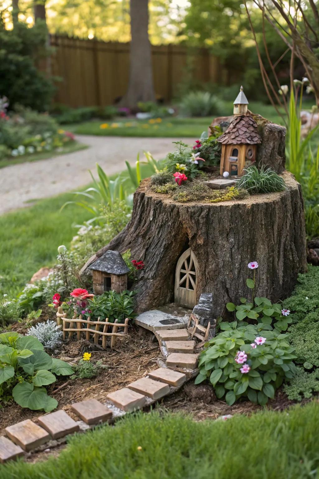 A captivating sprite miniature garden cozily arranged inside the remnants of a sawn-down tree.