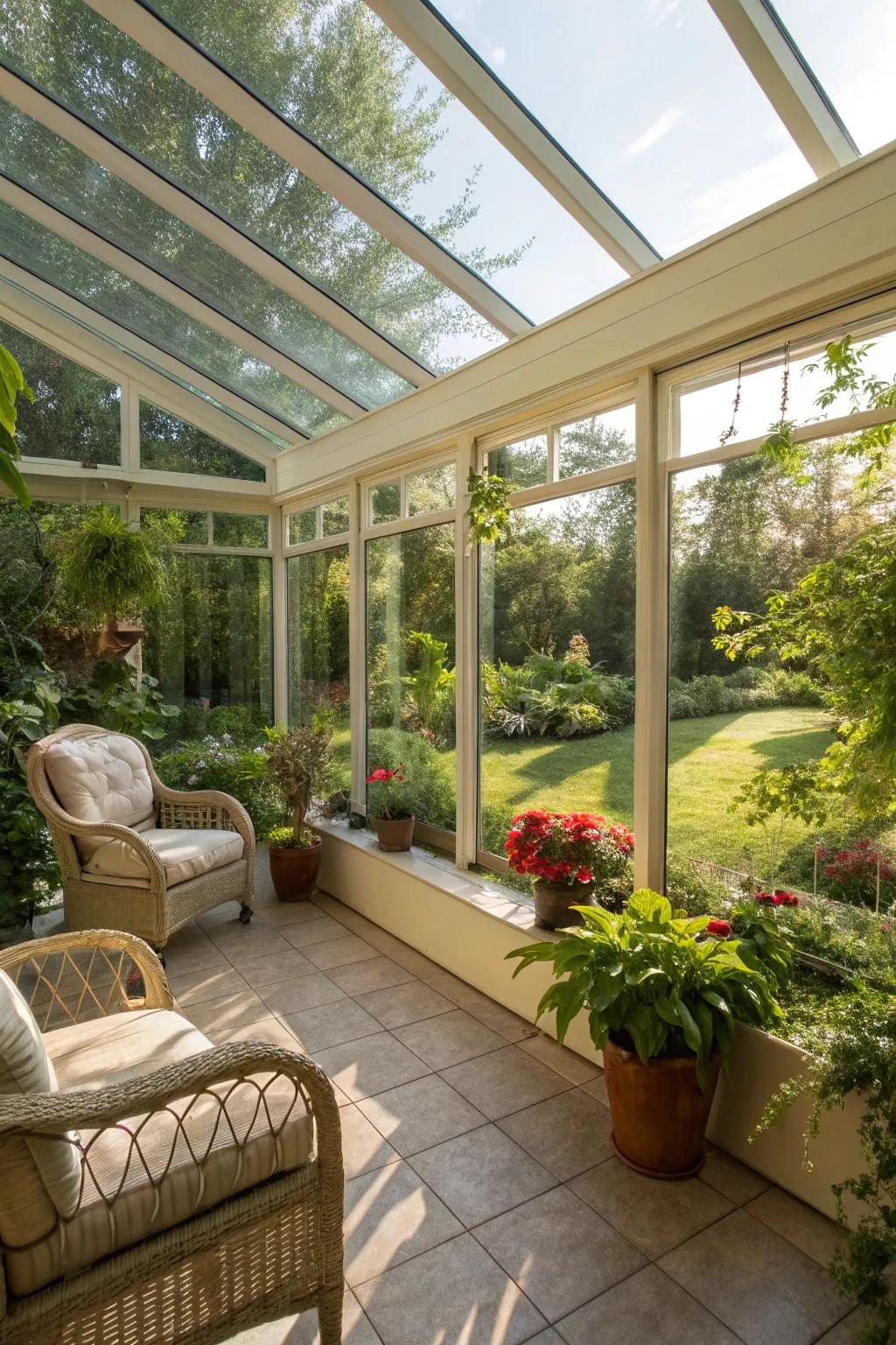 A sunroom radiating natural light and lush greenery.