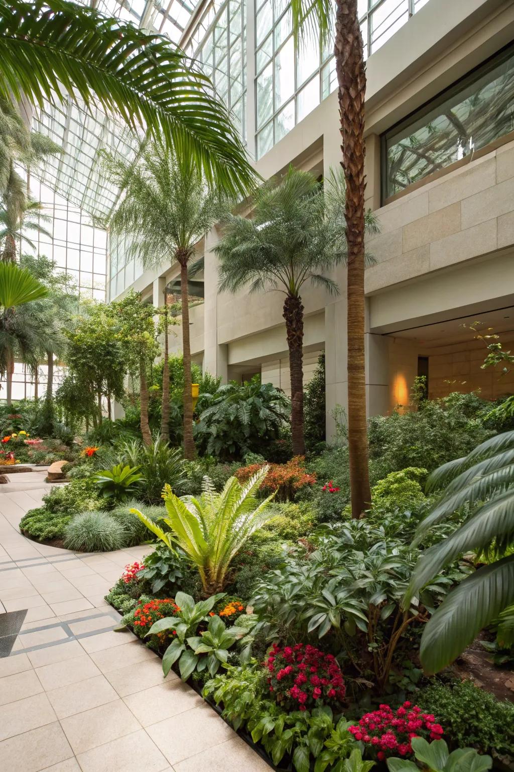 A vibrant indoor garden sun court illuminated by ample sunlight and flourishing greenery.