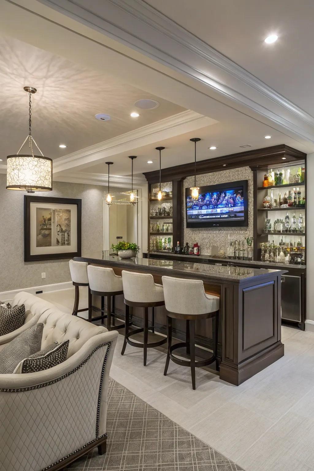 Having a TV strategically positioned above the bar creates an effortless viewing experience.