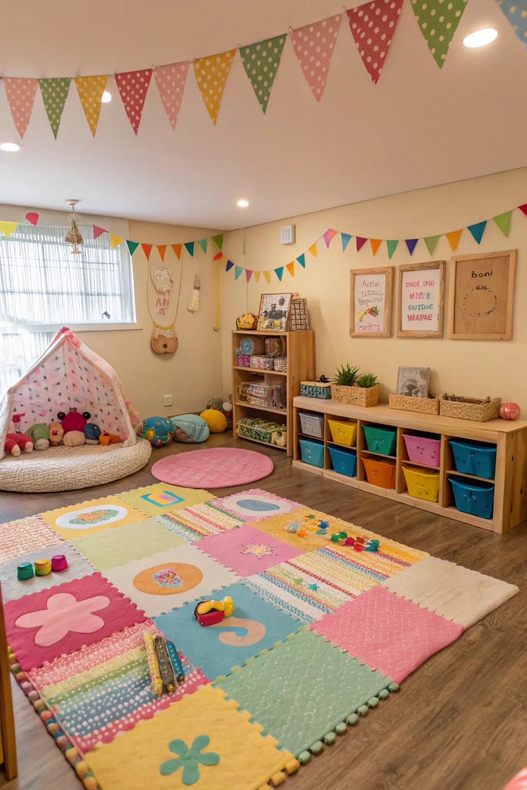 A vibrant and colorful play area in a home daycare.