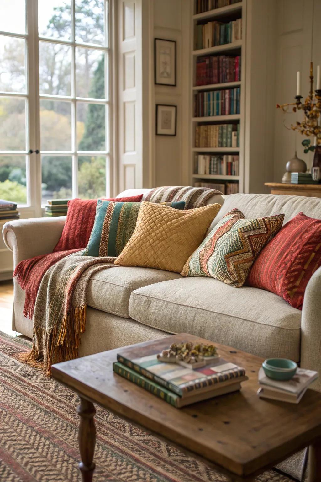 A chic living area where layered fabrics contribute both warmth and visual interest.