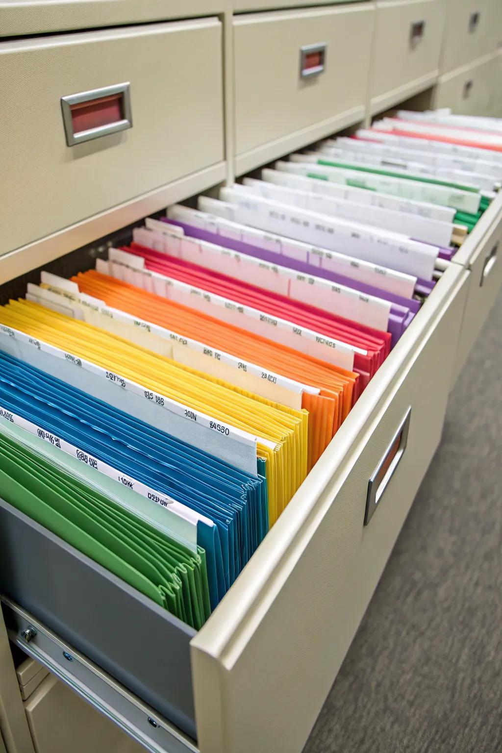 A vivid filing cabinet showcasing color-coded folders for smooth access.
