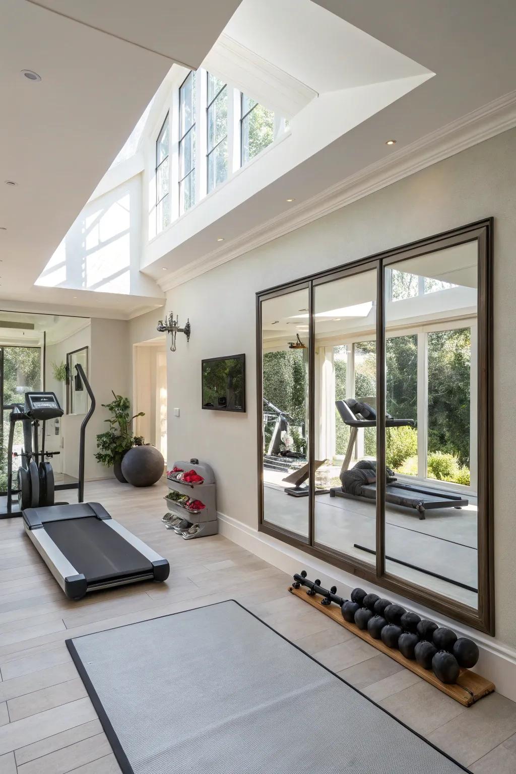 This home gym uses full-length mirrors to create a feeling of professionalism and spaciousness.