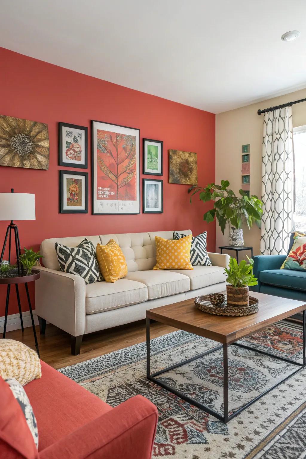 A vivid accent wall brings depth and character to a living area.