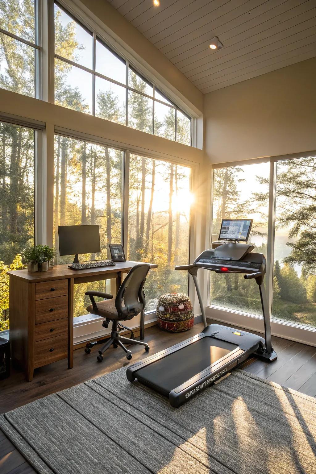 Daylight enlivens both workspaces and exercise areas.