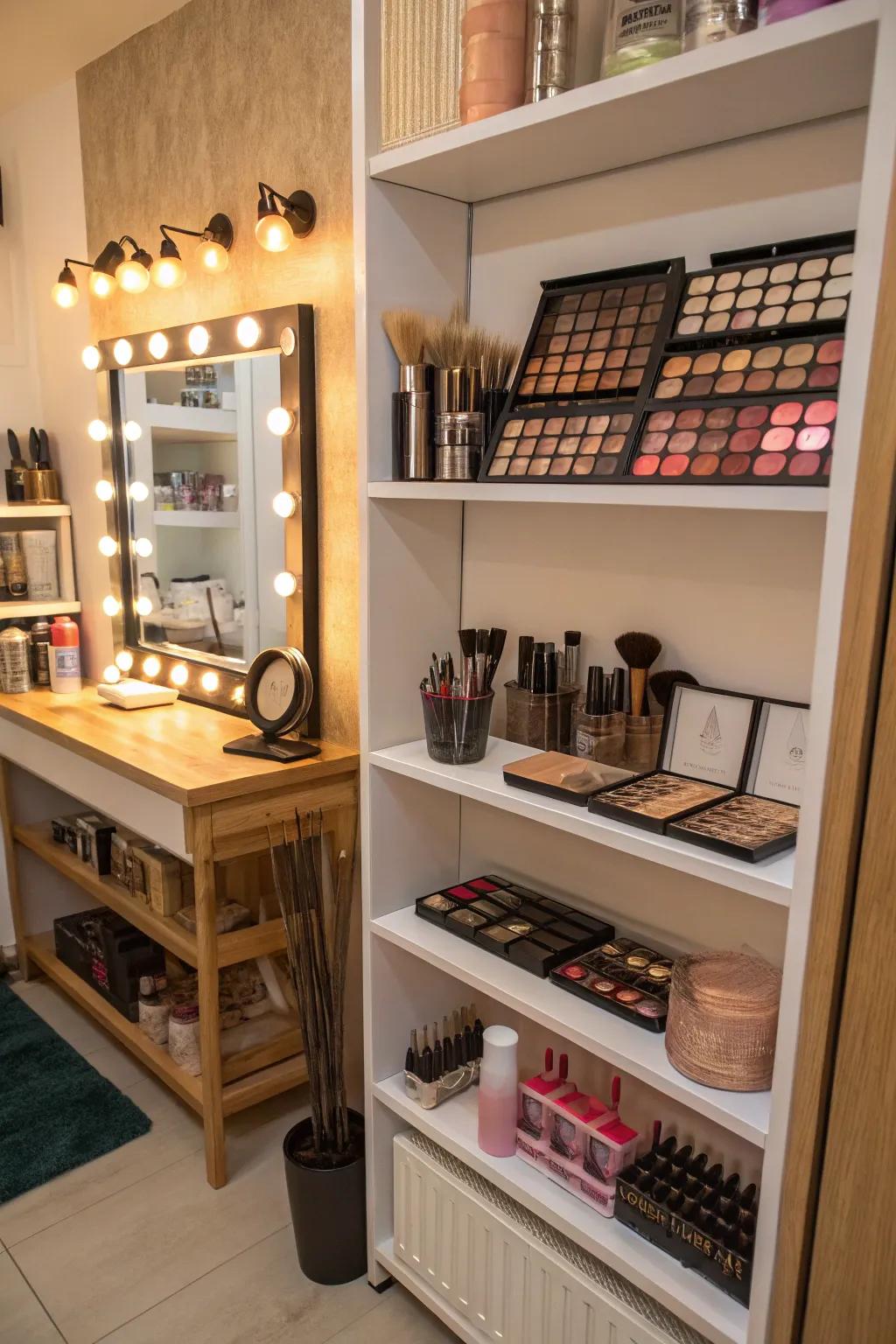 Walls provide fantastic opportunities for incorporating storage and enhancing style in a home salon.