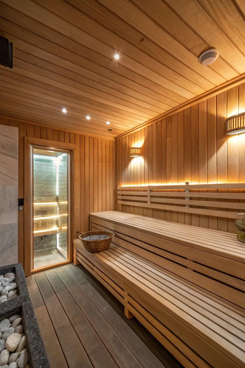 A cozy cedar timber sauna radiates a welcoming and toasty feel.