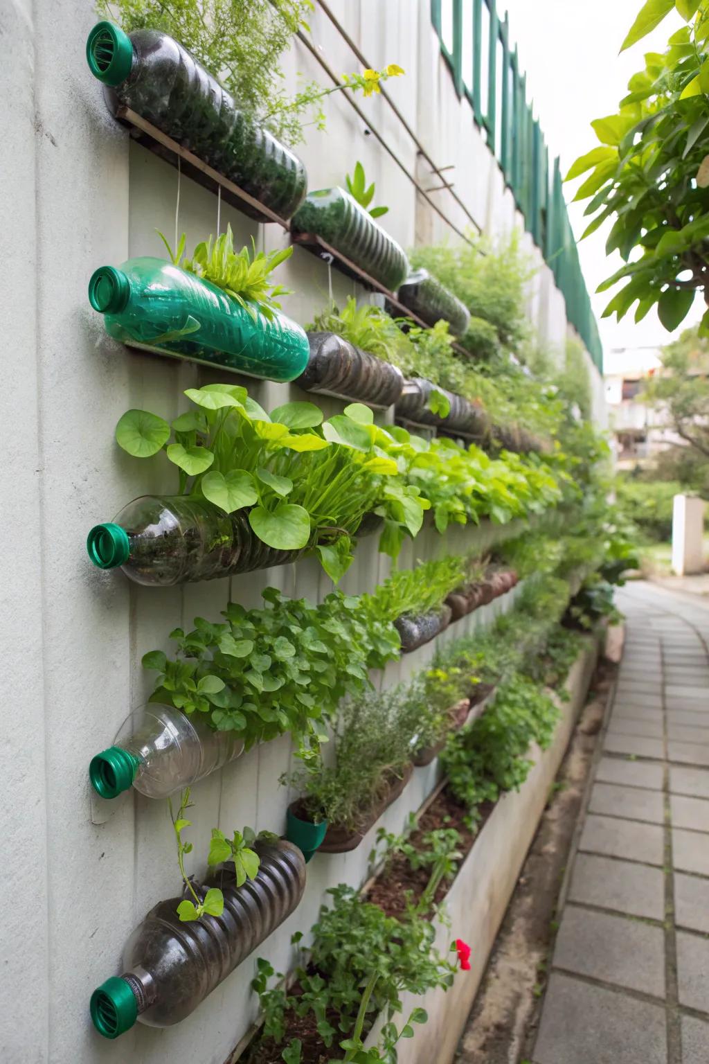 Turn old plastic bottles into a vibrant, vertical garden.