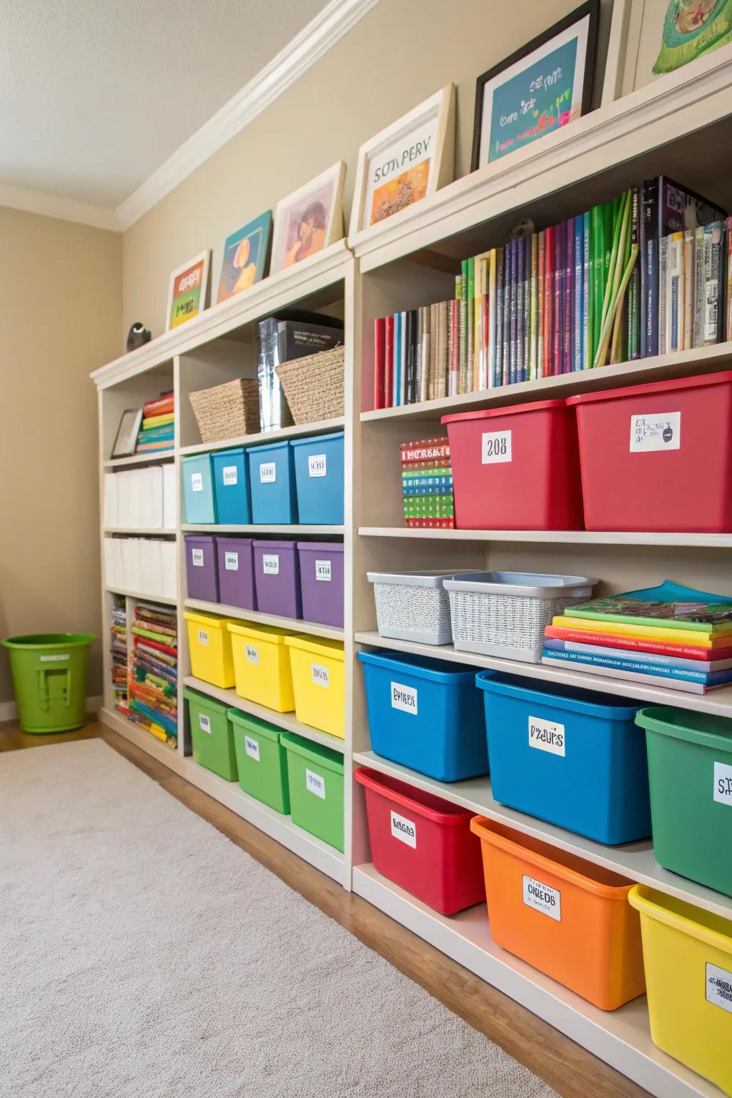 Color-coded bins make it simple to arrange and access homeschool materials.