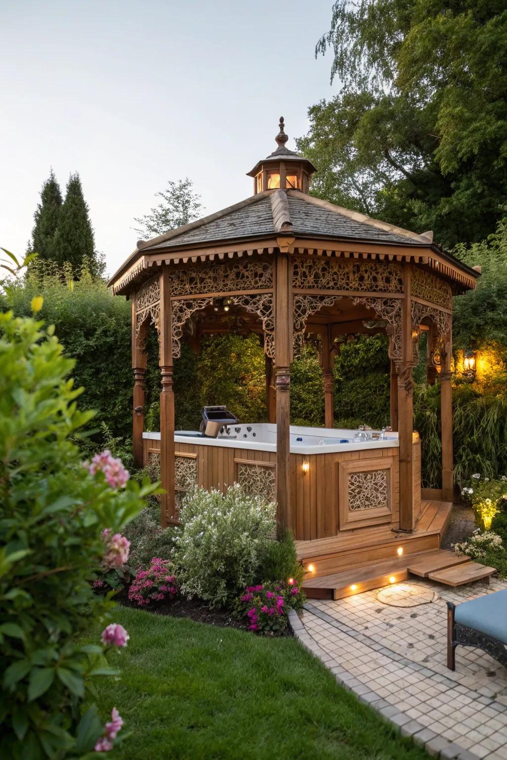 A timber gazebo creating a tranquil escape.