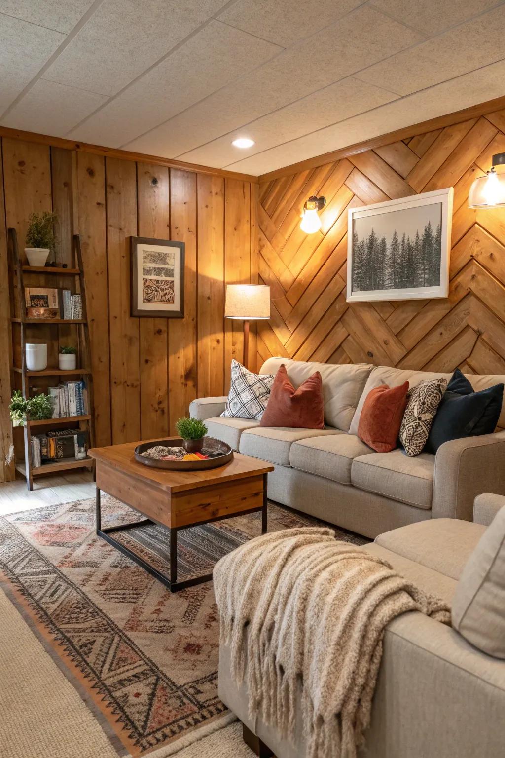 Slatted paneling brings a warm, inviting feel to this living area