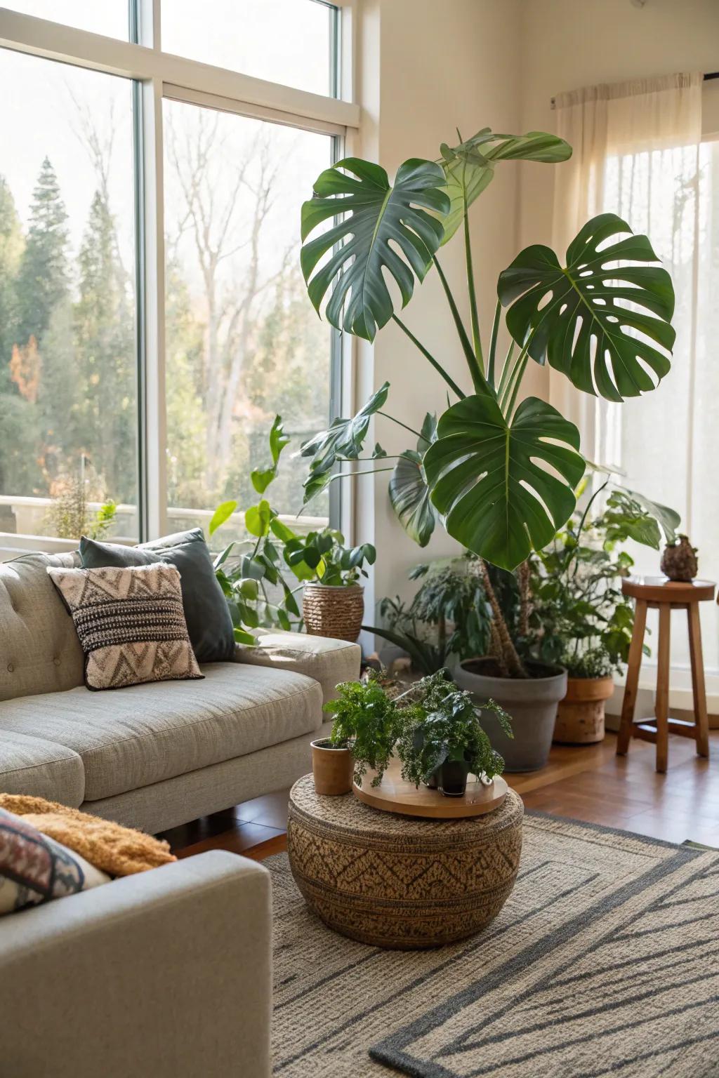 A large Swiss cheese plant gives this snug living room a tropical feel.