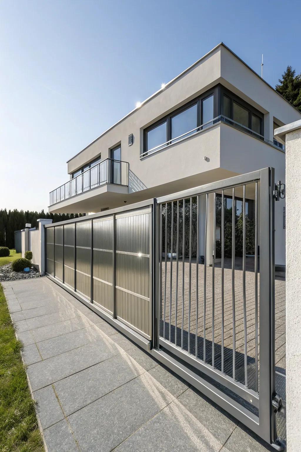 Modern metal sliding gates infuse a contemporary flair into any home.