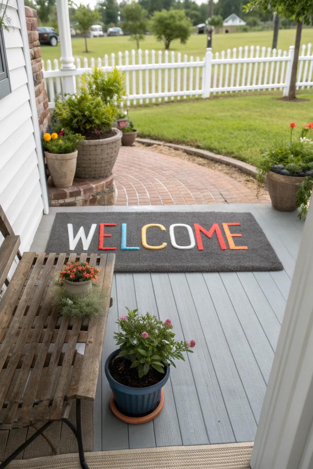 A custom doormat with adaptable letters to receive guests warmly.