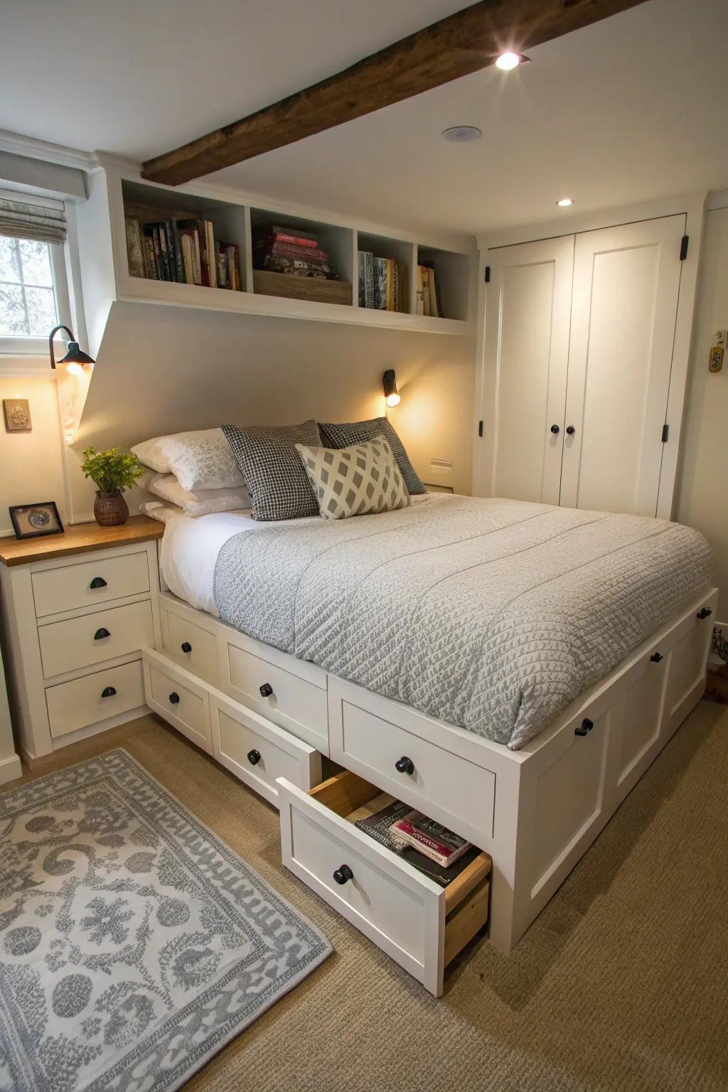 A compact bedroom showcases a bed with built-in storage drawers, enhancing space efficiency.