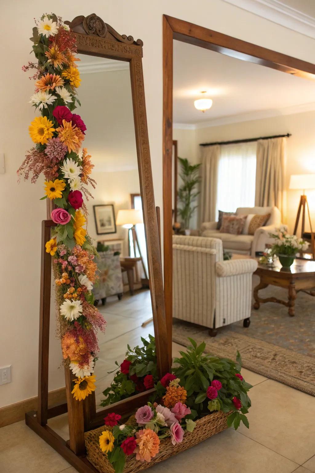 A mirror embellished with a floral halo cultivates a revitalizing and spirited ambiance.