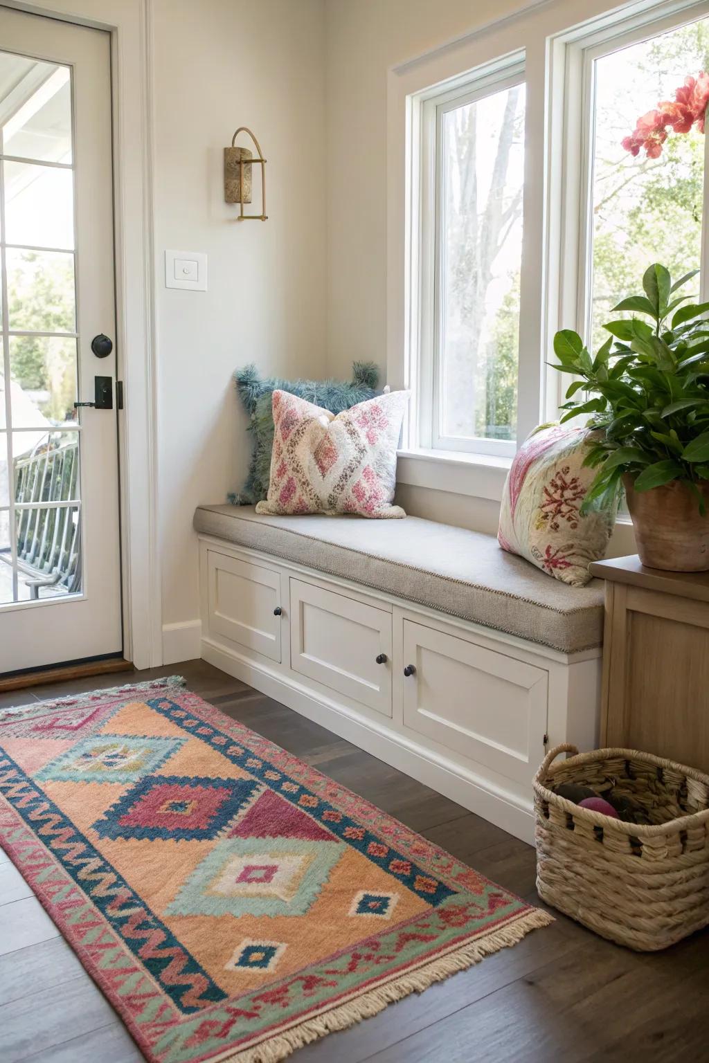 A cozy seating nook featuring a small bench and soft cushions in the entryway.