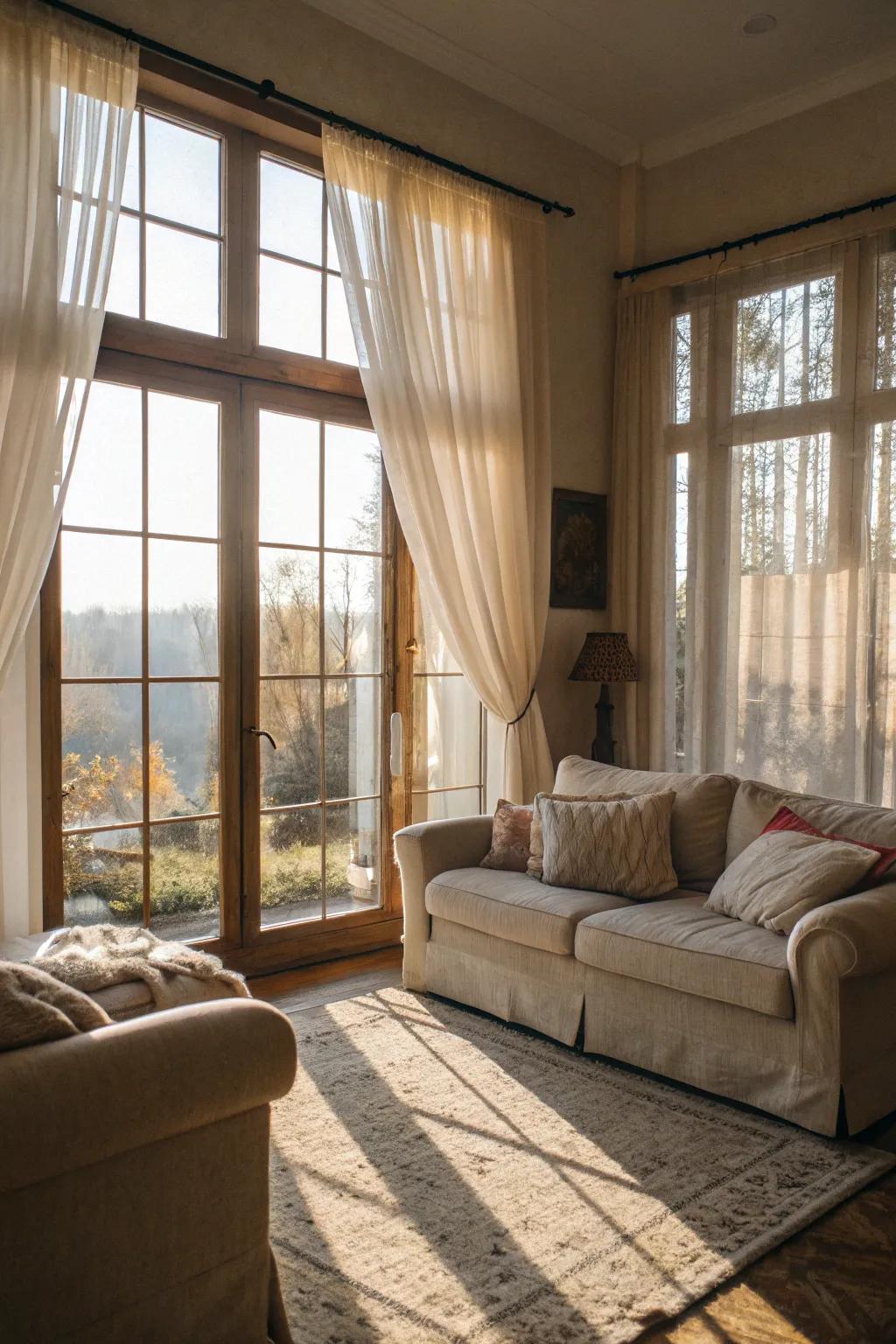 Sun-drenched living area with light drapes emphasizing the natural light.
