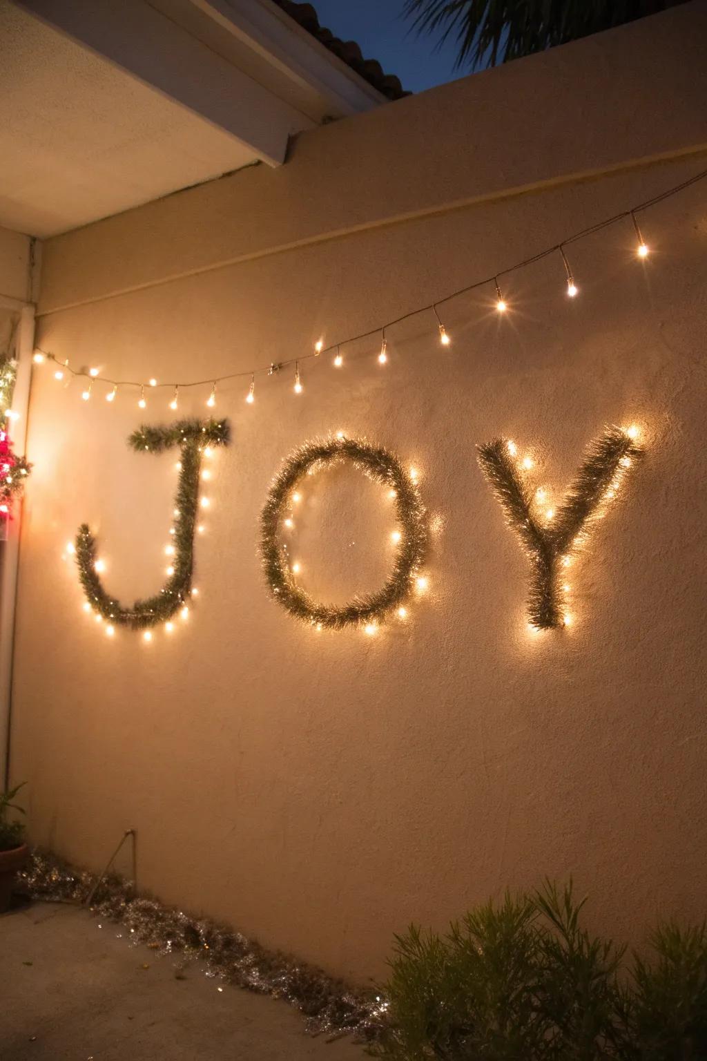 The term 'JOY' crafted from glimmer strands for a joyous atmosphere.