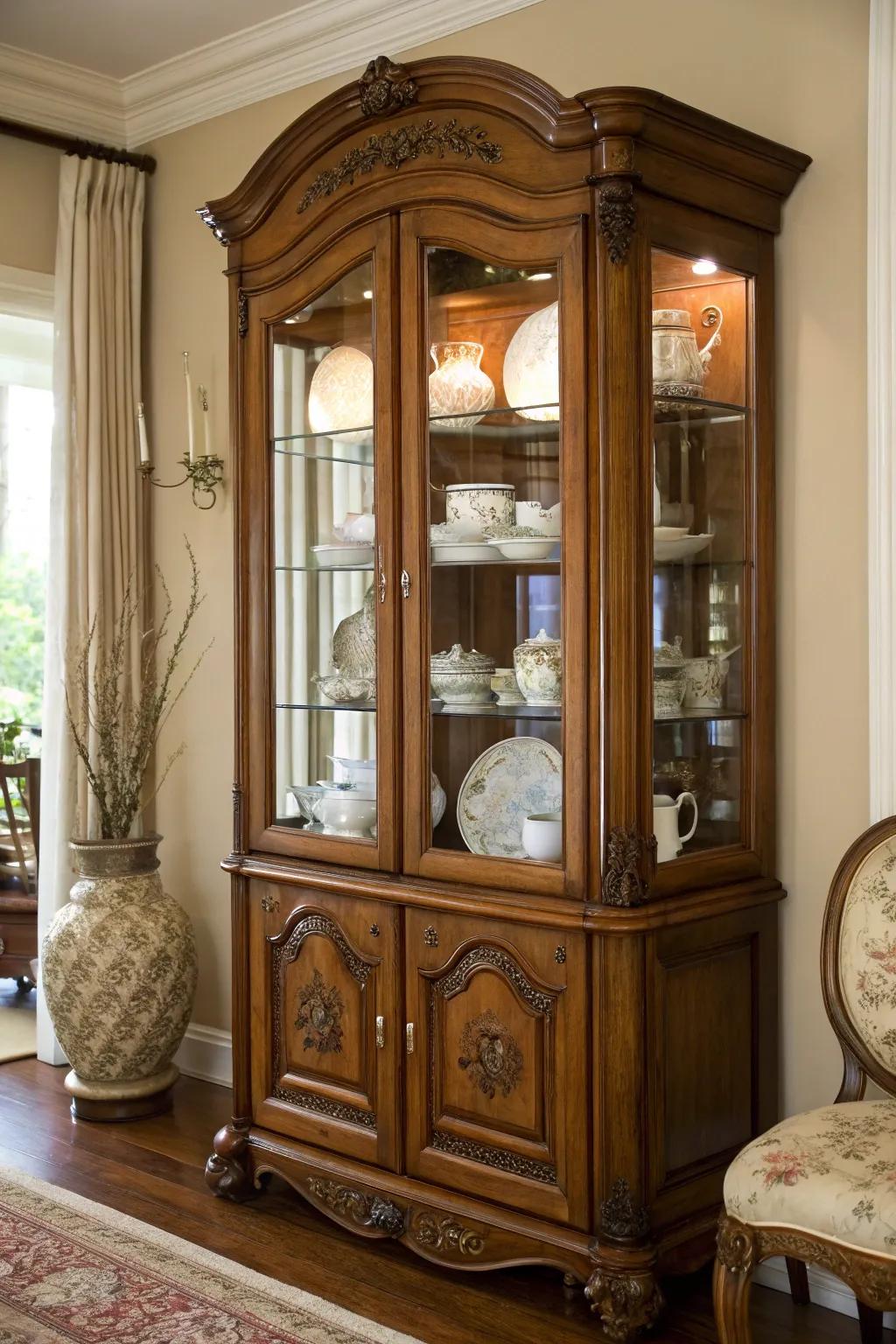 A traditional wooden dishware cabinet displaying a thoughtfully arranged dishware selection behind glass panels.