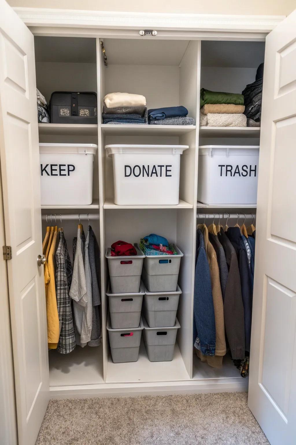 Begin organizing by removing unnecessary items from your deep closet.
