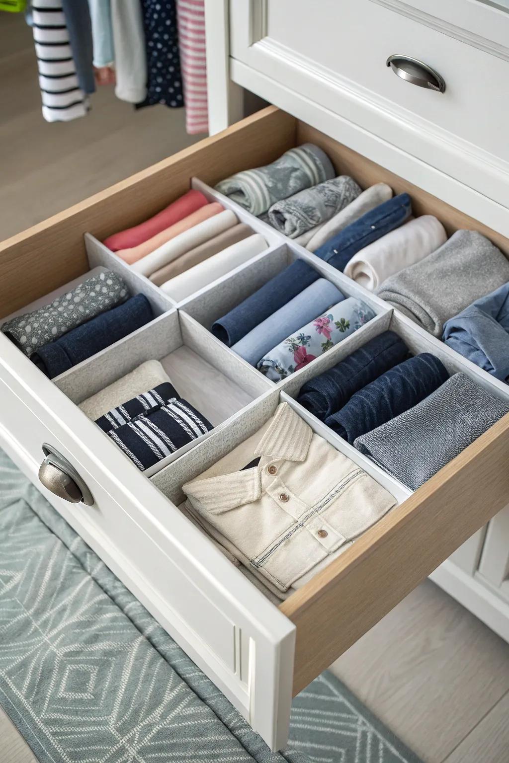 Drawer partitions ensuring clothing articles are neatly kept apart and arranged.
