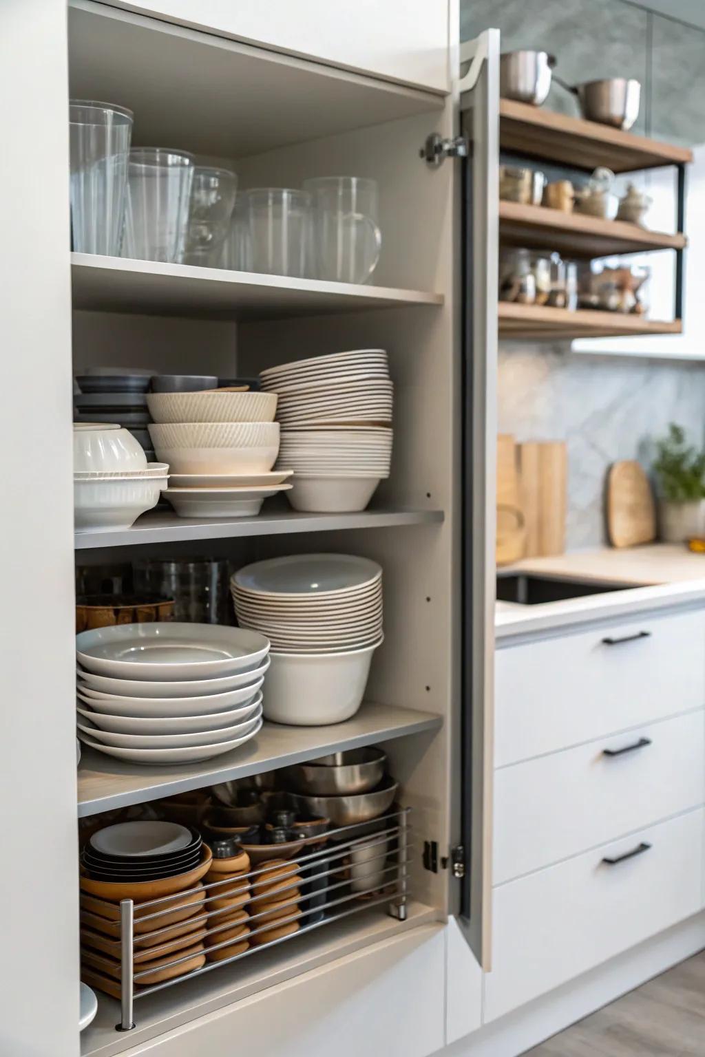 Vertical shelving dramatically increases storage inside your kitchen cabinets.