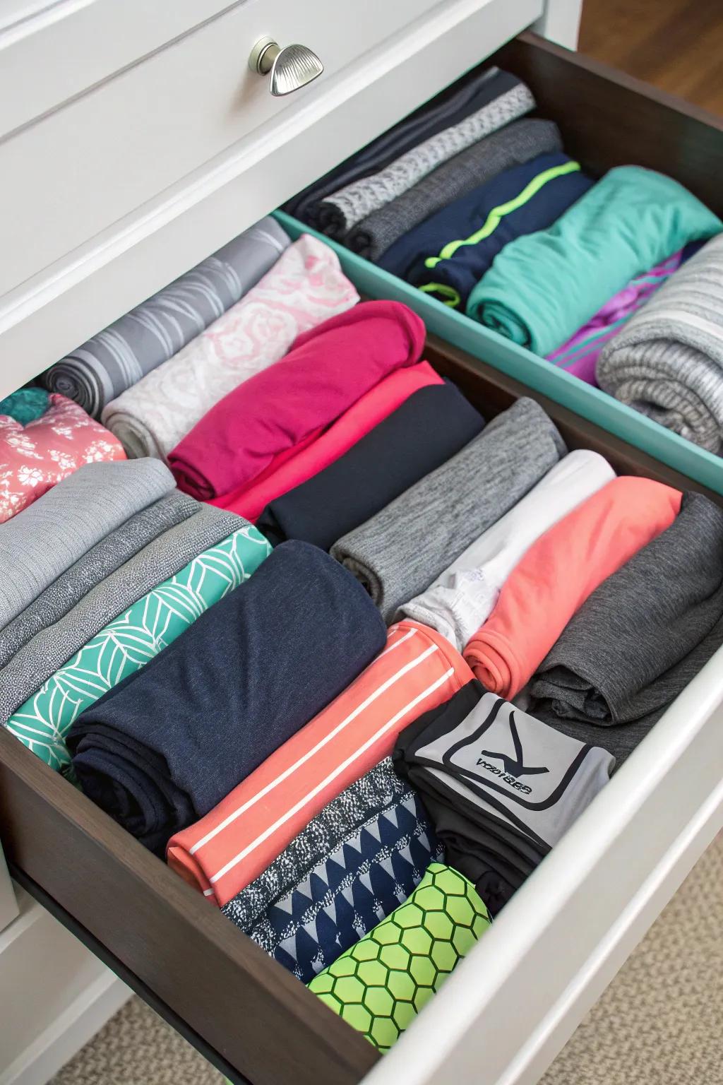 Activewear perfectly folded with the KonMari approach.