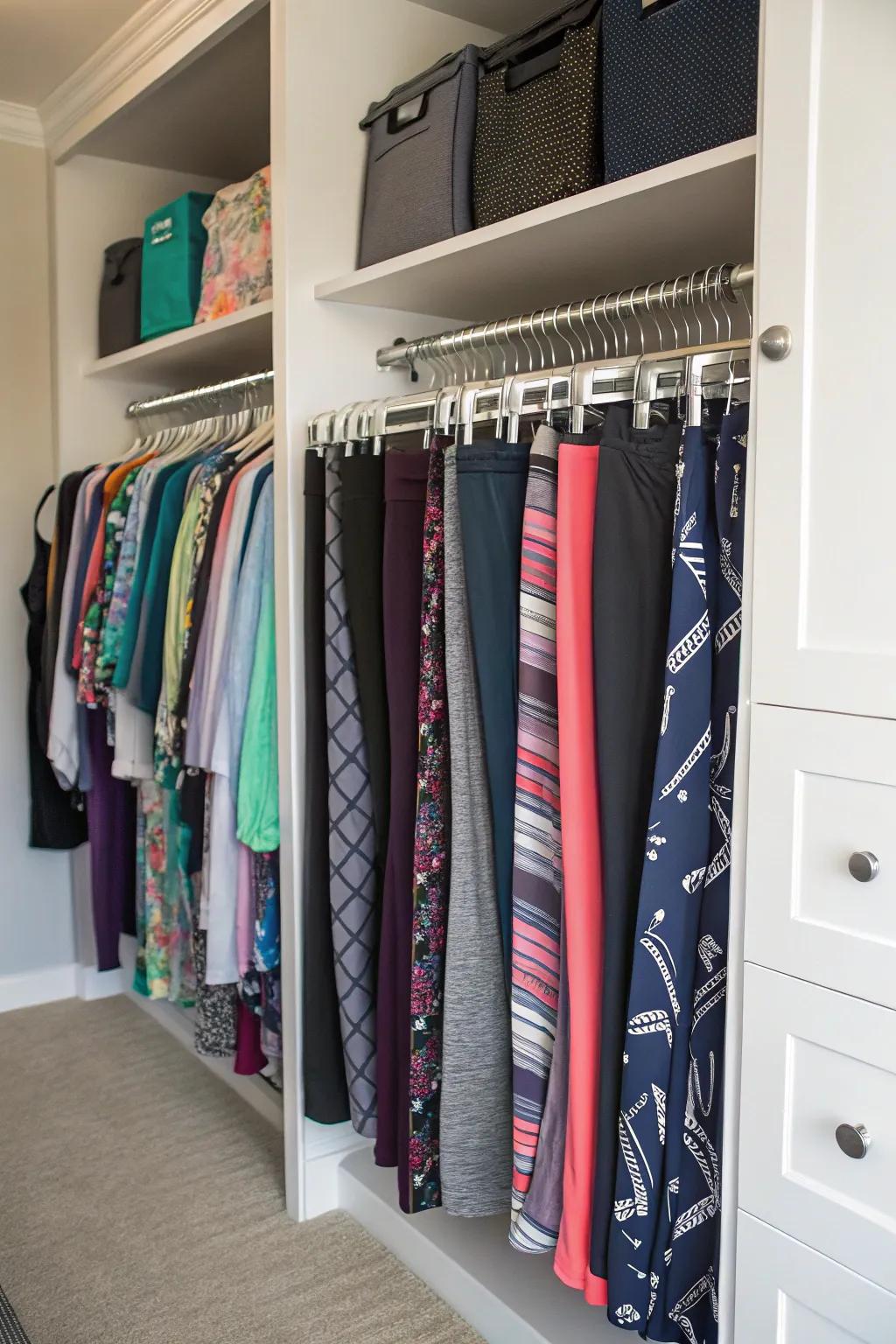Suspend your leggings upright to optimize closet space and accessibility.