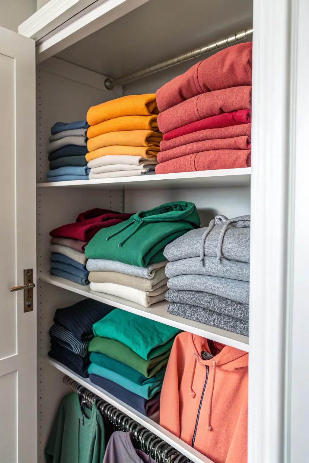 Arrange sweatshirts on adjustable shelves for a clean setup.