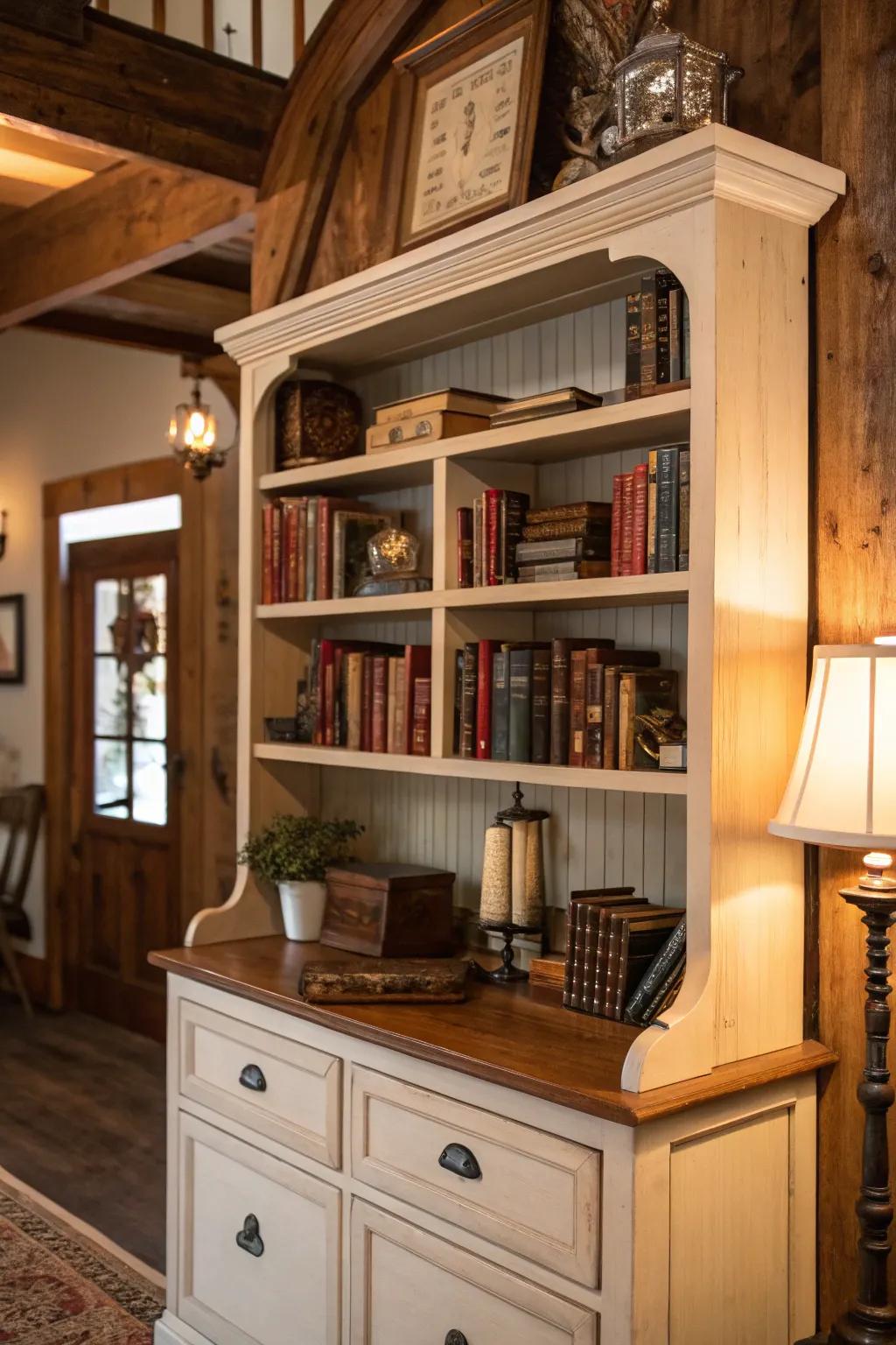 Repurpose your china cabinet top into a bookshelf that hangs on the wall.
