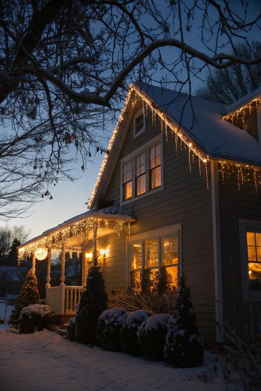 Glimmer strands gracefully outlining a roof, showcasing a traditional holiday charm.