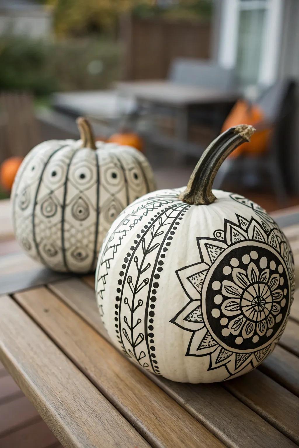 A pumpkin embellished with complex painted designs for a refined aesthetic.