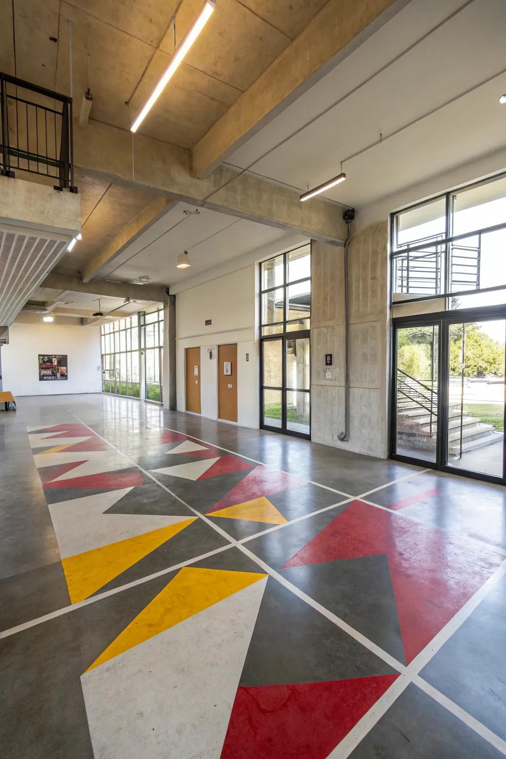 A bold geometric design graces a concrete floor, injecting a contemporary vibe into the area.
