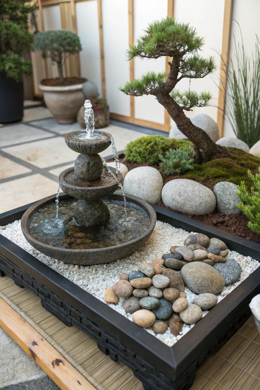 A pocket Zen garden water feature creates a tranquil escape within your home.