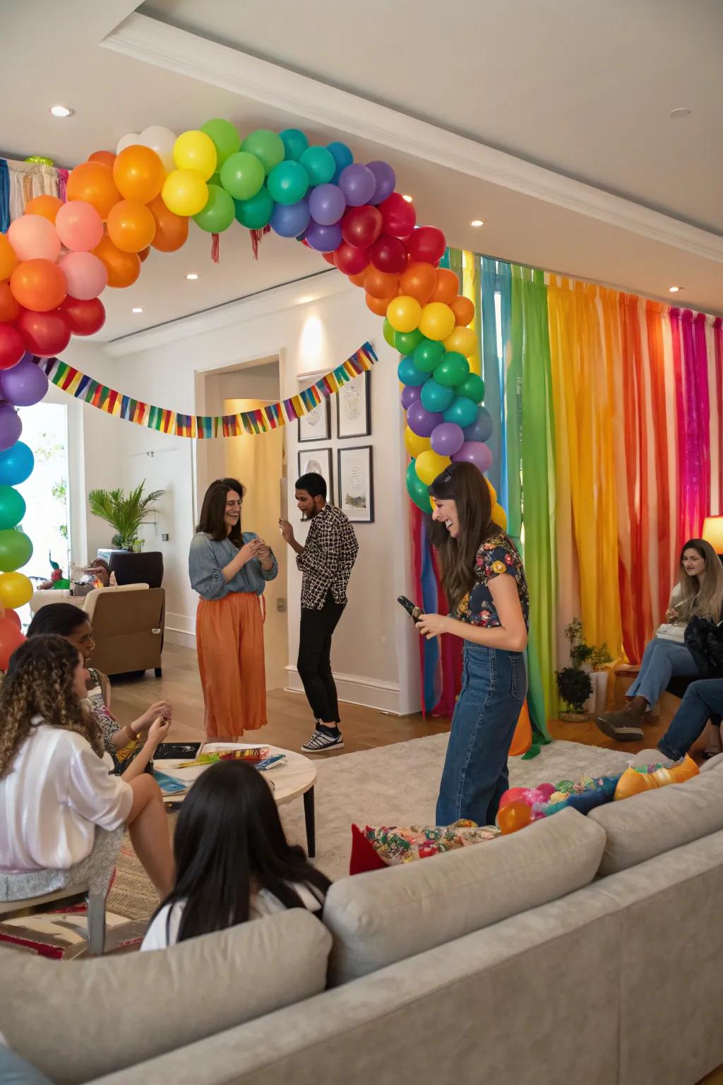 A vibrant indoor party featuring a colourful backdrop and inflatable entrance.