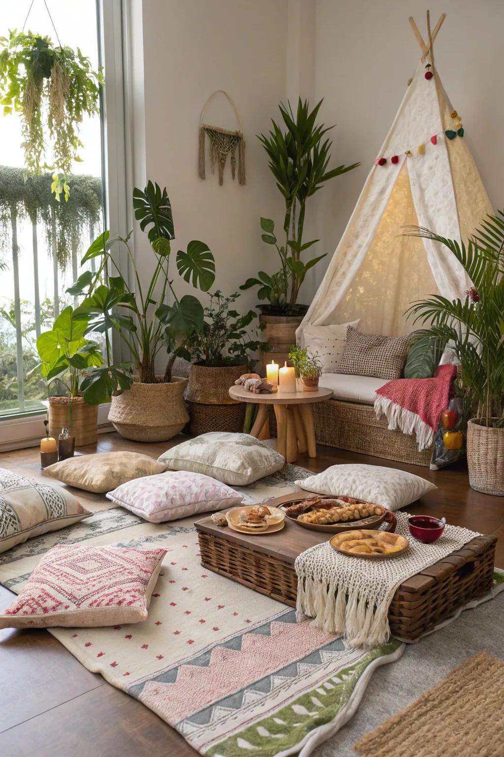 Plush blankets and cushions create a cozy indoor picnic setting.