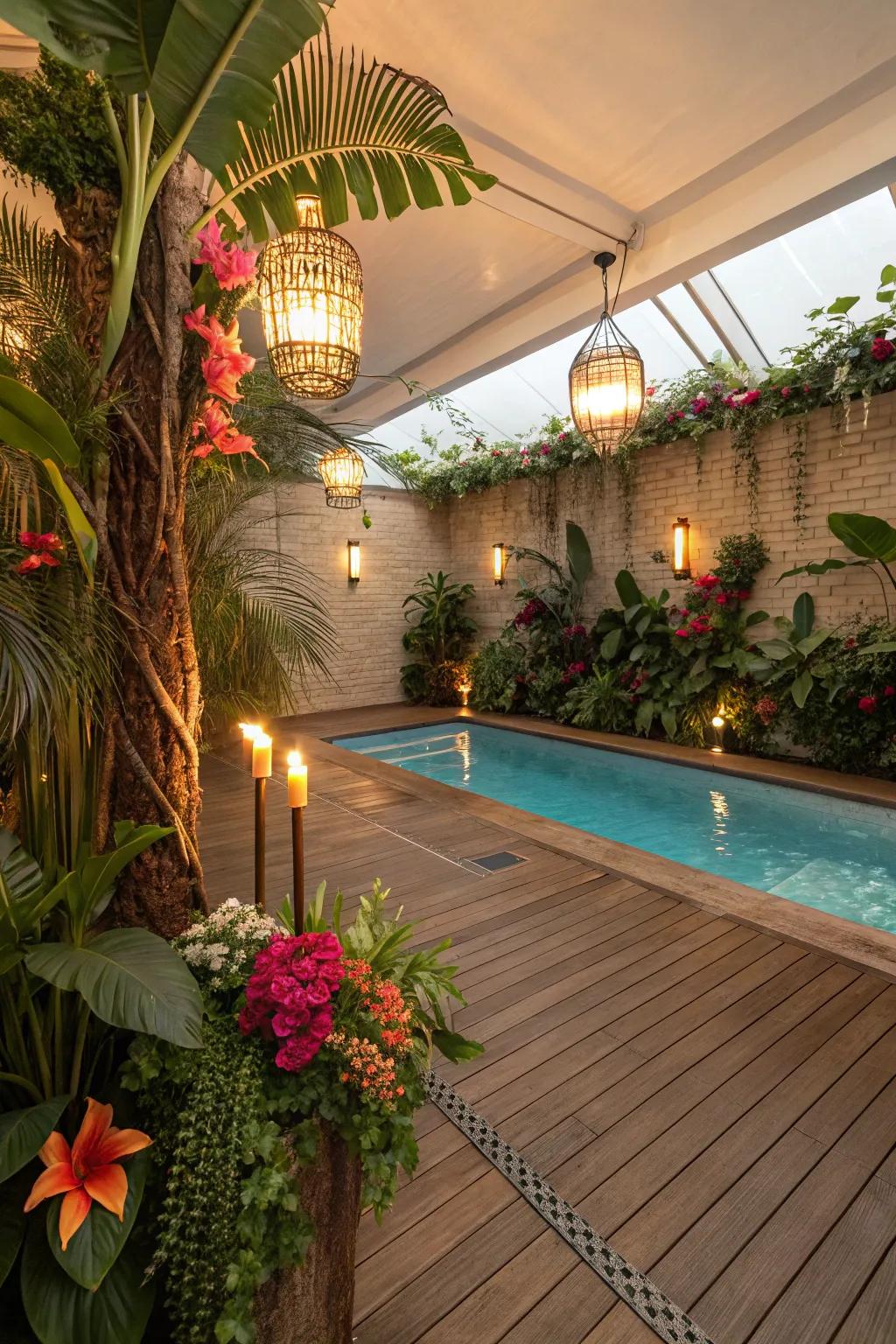 Craft a tropical escape featuring vibrant decor and lush greenery around the indoor pool.
