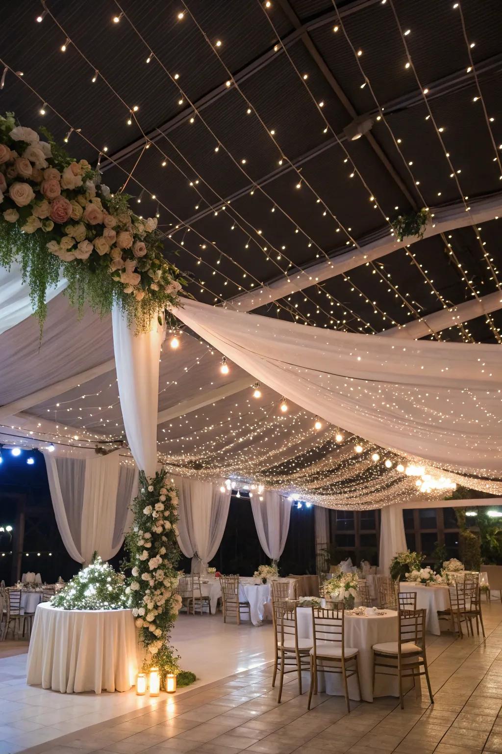 String lights creating a magical, starry vibe for a wedding.