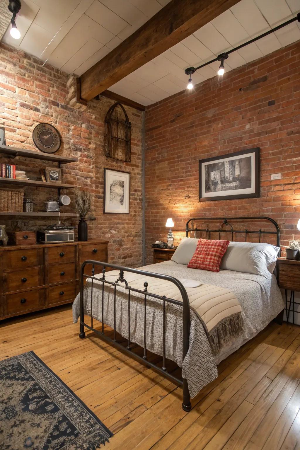 The unrefined texture of exposed brick forms a remarkable setting in this industrial-themed bedroom.