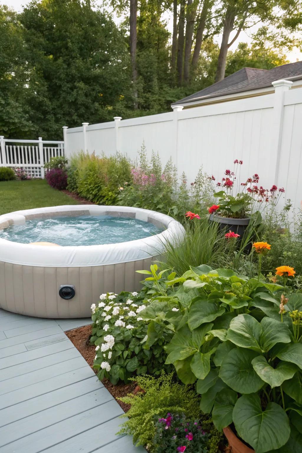 A peaceful sanctuary featuring an inflatable bubbling tub amid vibrant greenery.
